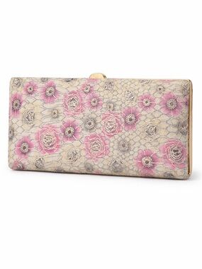 Lodis Floral Lace Frame Wallet Clutch Pink Gray Gold Kiss Lock NWOT